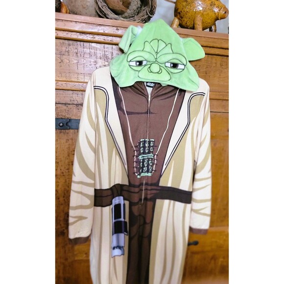 Yoda Costume One Piece Zip-up Outfit w Hood Sz Small Adult Halloween or Pajamas - Picture 2 of 16